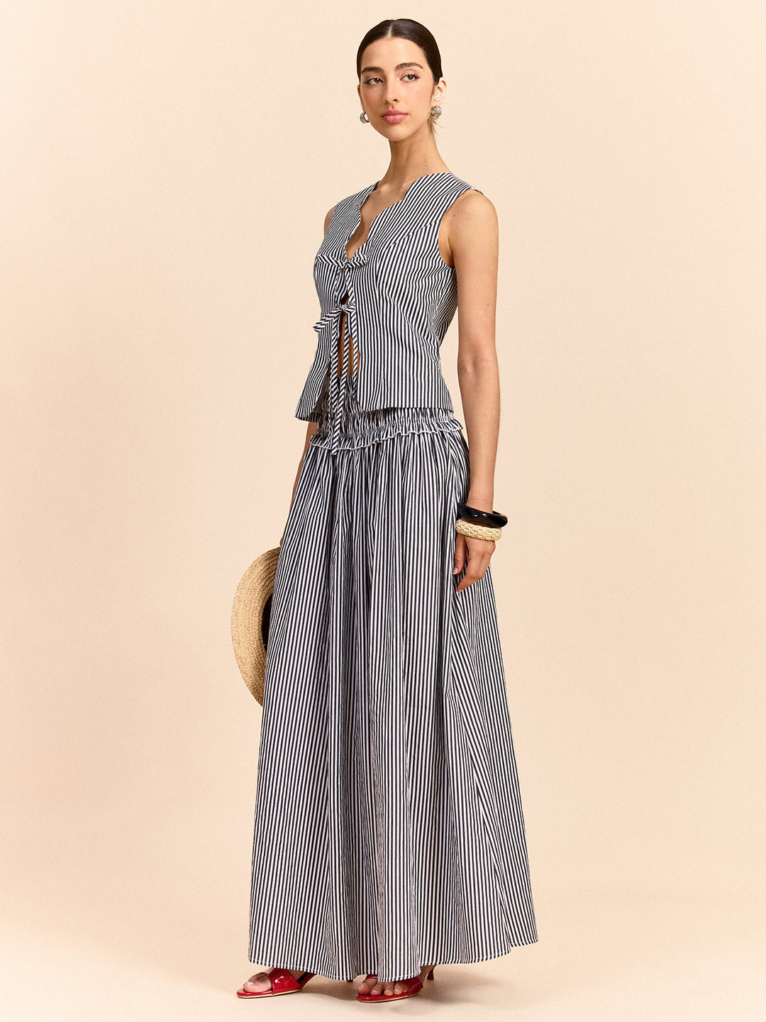 Striped Tie-Front Top and Skirt Set