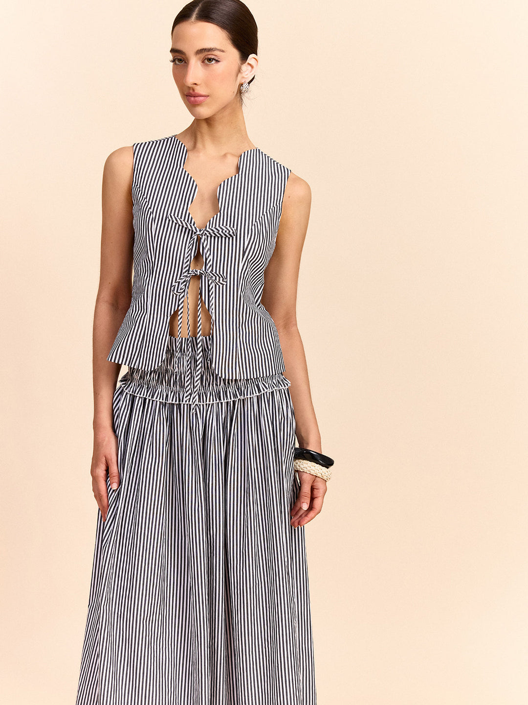 Striped Tie-Front Top and Skirt Set