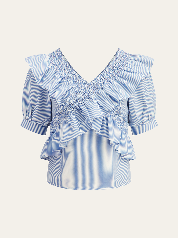 Striped Ruffle V-Neck Puff Sleeve Top