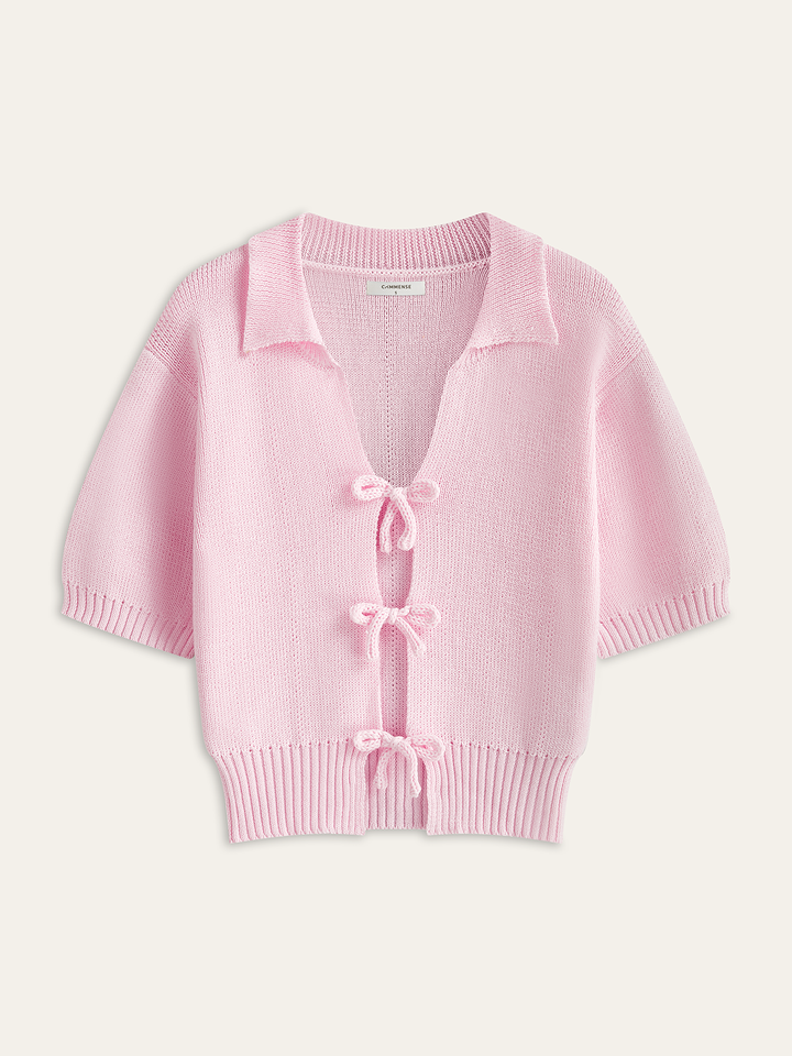 Short-Sleeved Knit Top with Bow Detail