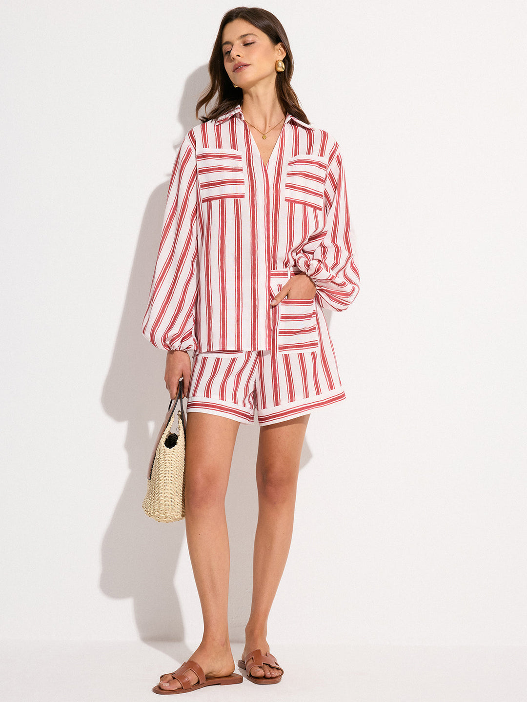 Pocketed Striped Shorts Set