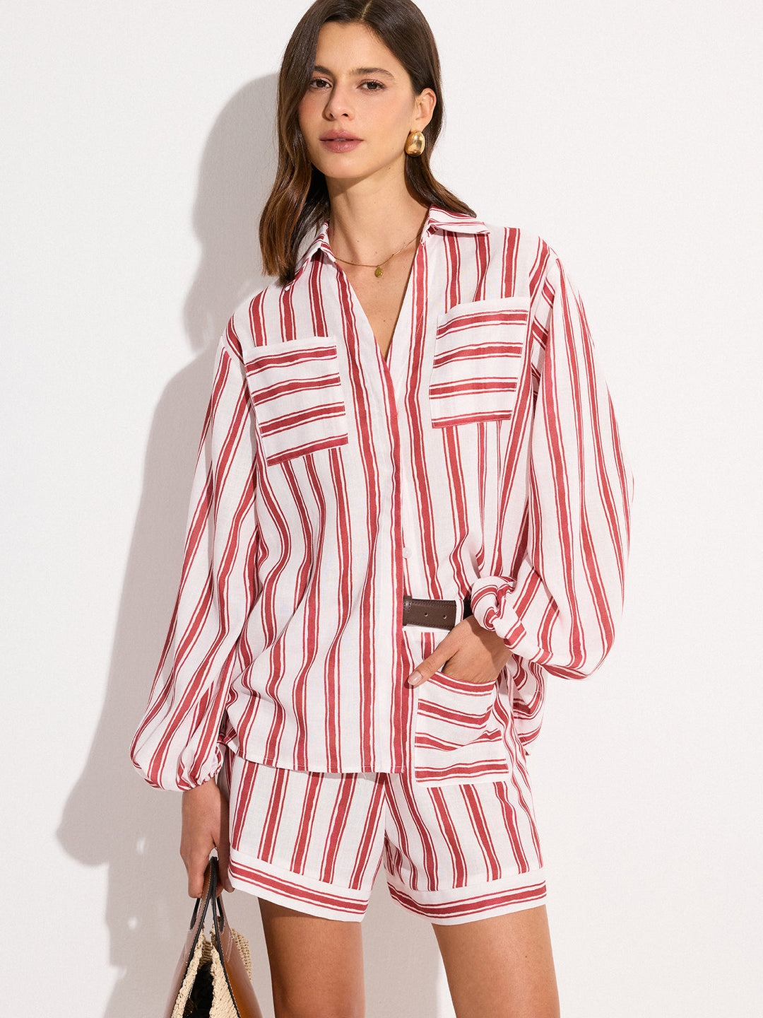 Pocketed Striped Shorts Set