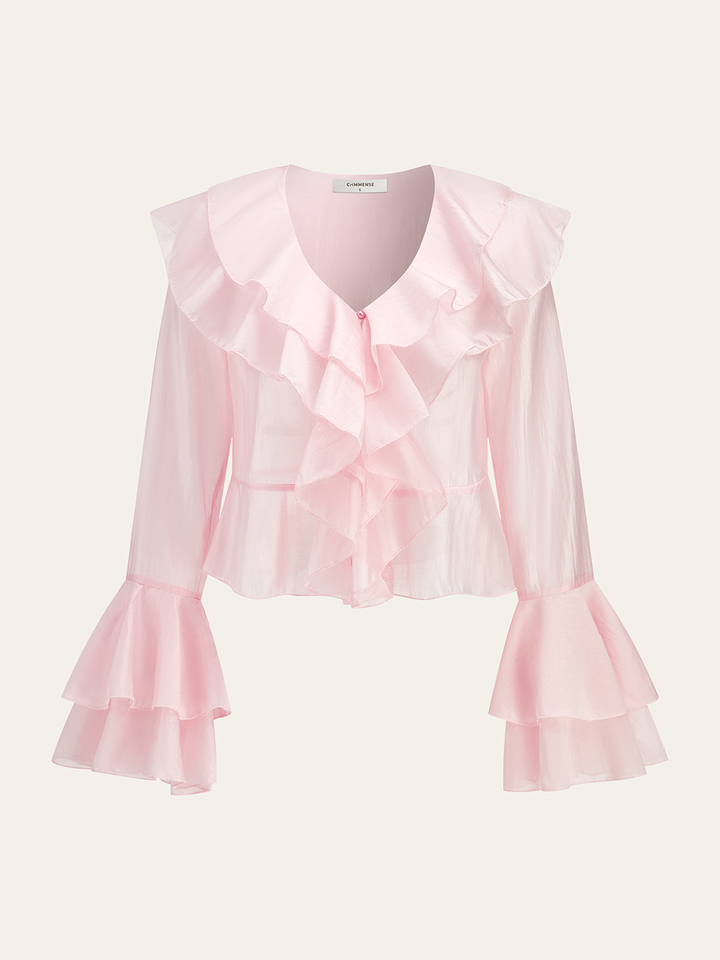 Semi-Sheer Ruffled V-Neck Bell-Sleeve Top
