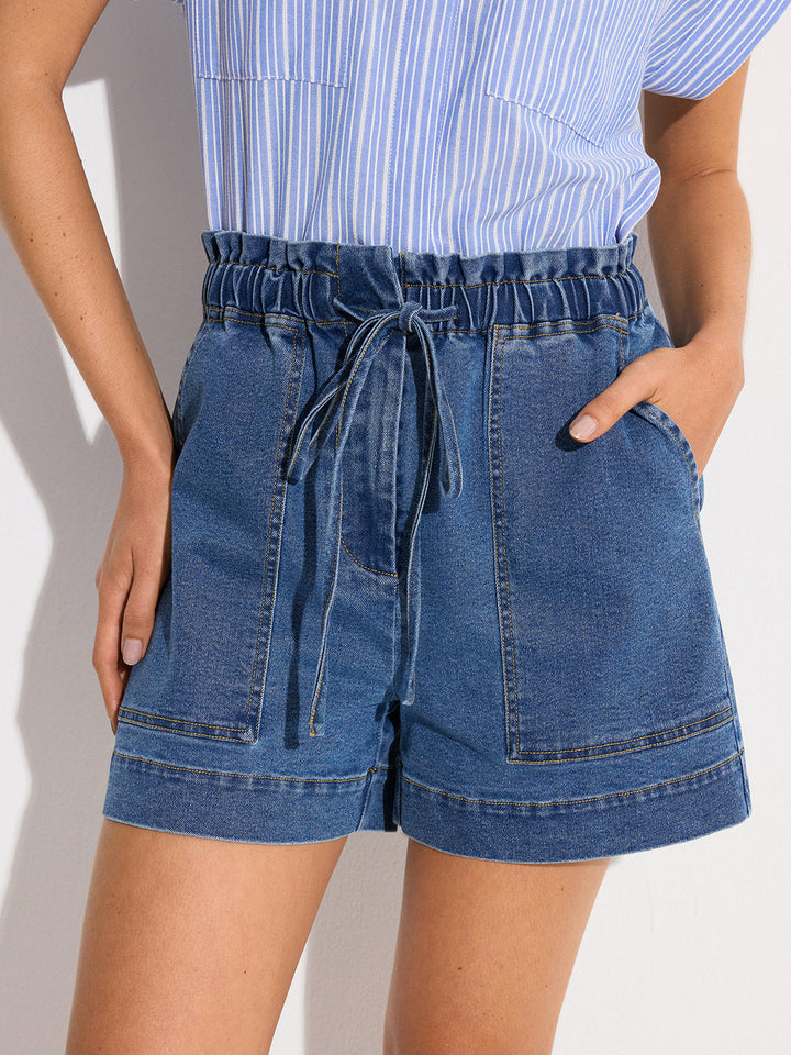 Denim Elastic-Waist Shorts with Drawstring