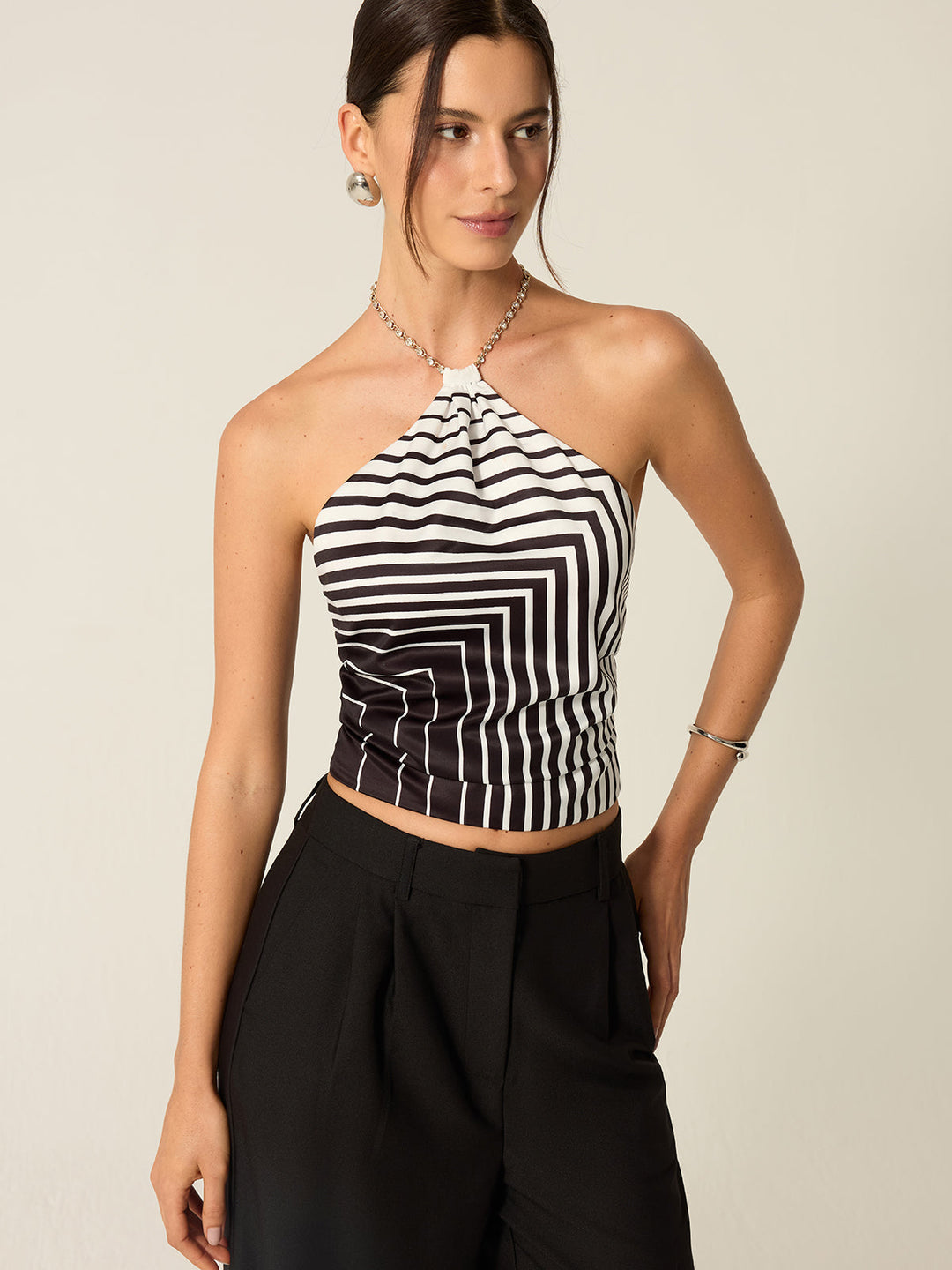 Striped Halter Top with Chain Strap