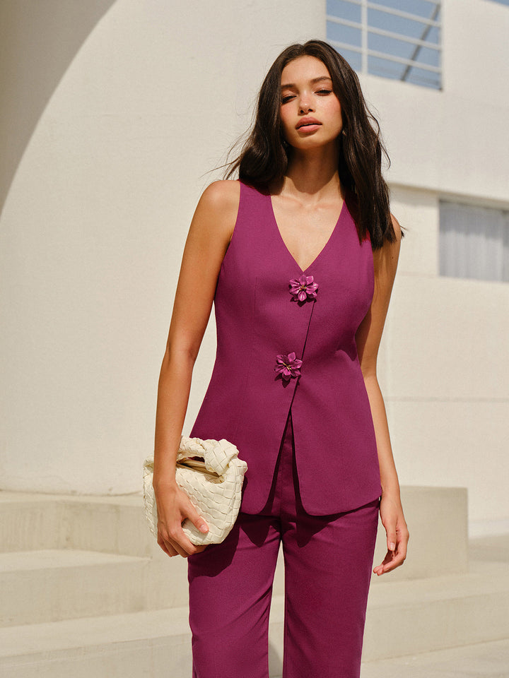 Sleeveless V-Neck Pants Set With Floral Buttons
