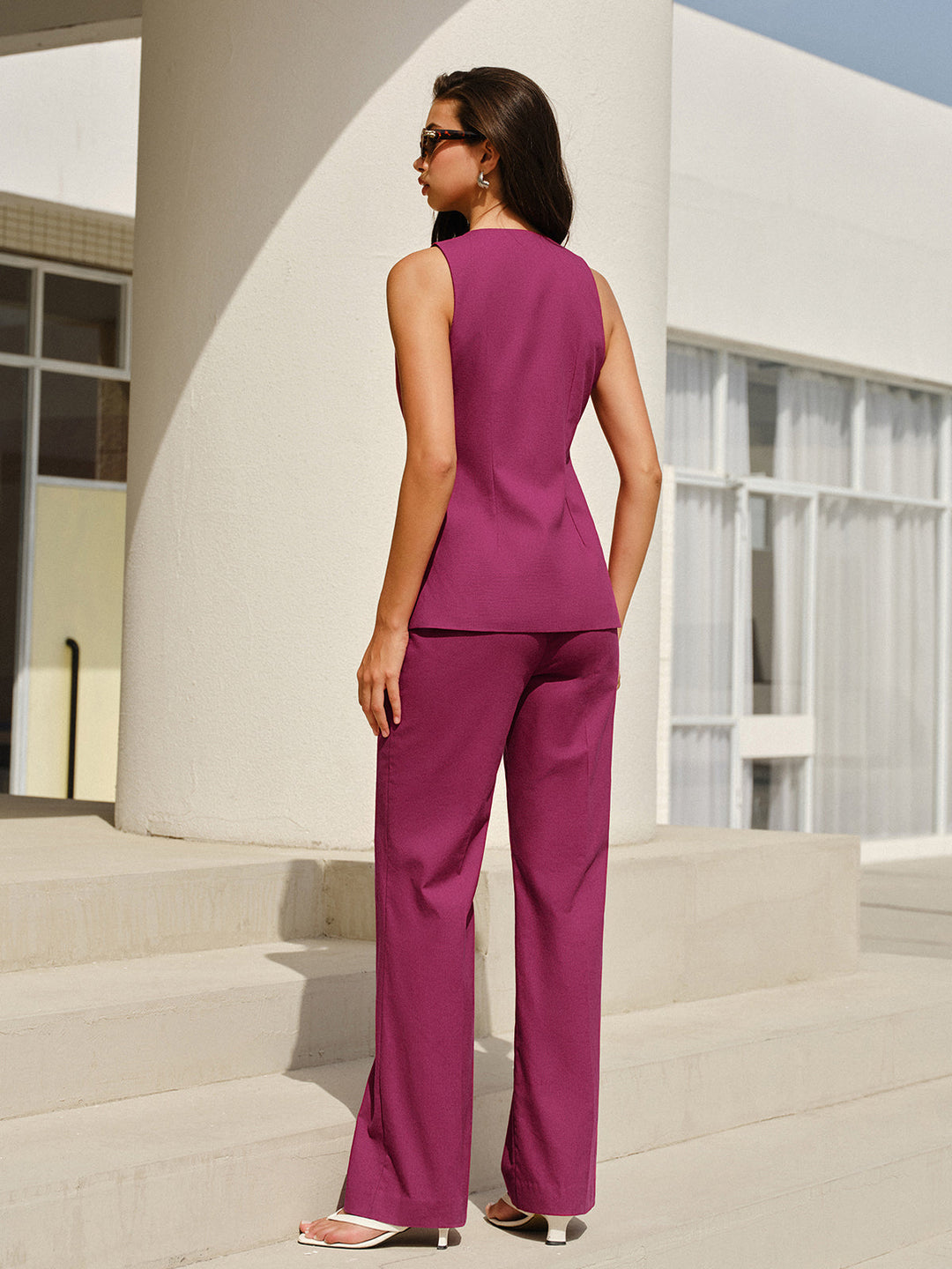 Sleeveless V-Neck Pants Set With Floral Buttons