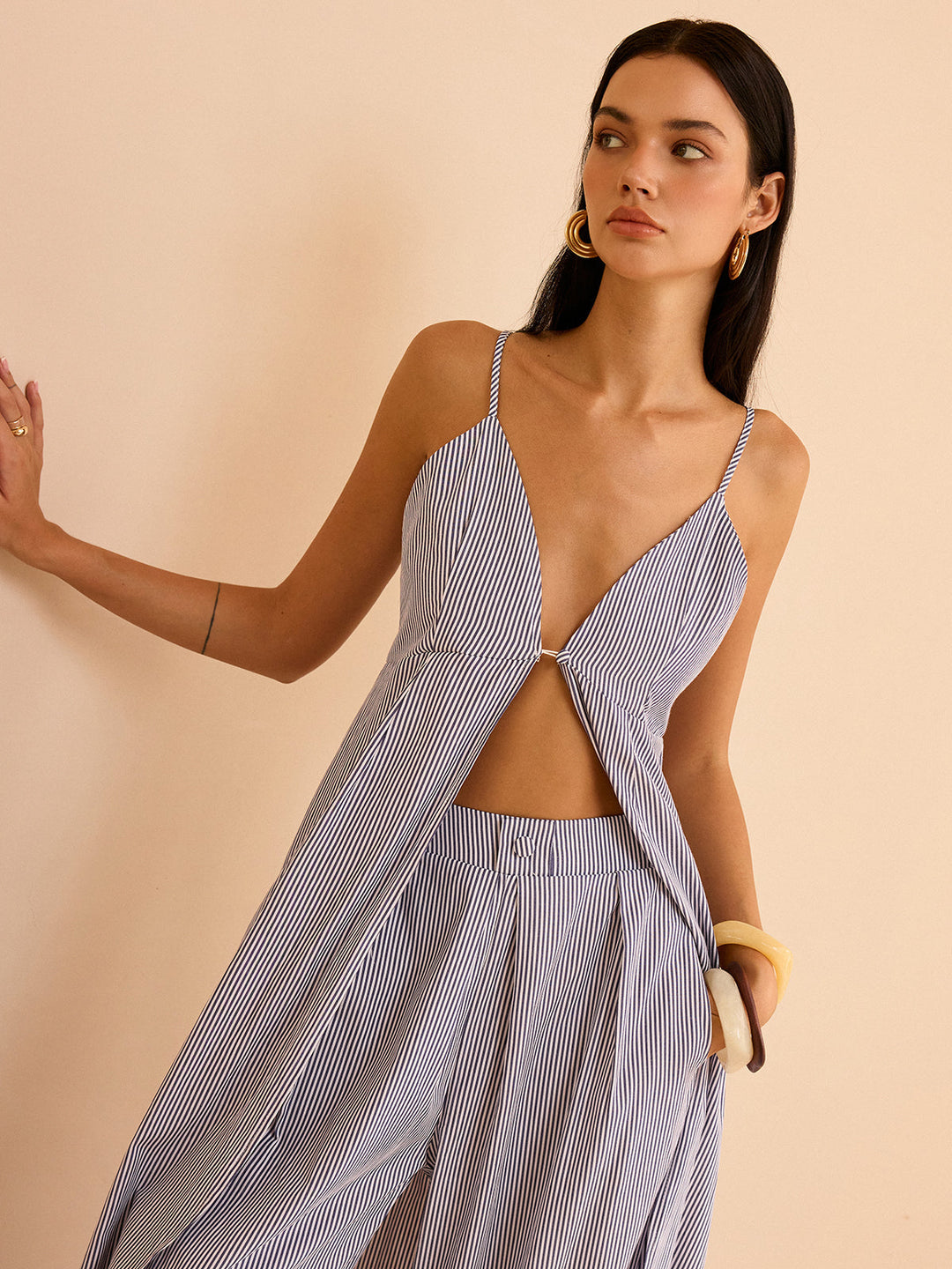 Striped Long Cami Top and Wide-Leg Pants Set