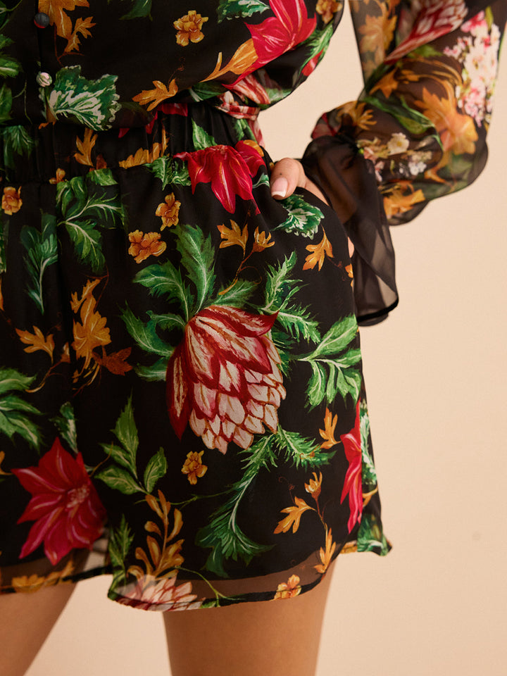 Chiffon Floral Print Elastic Waist Shorts