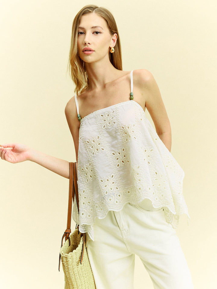 Semi-Sheer Embroidered Eyelet Cami Top