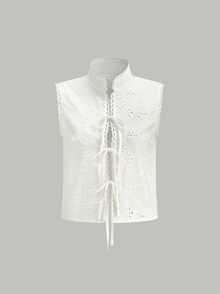 Sleeveless Eyelet Lace-Up Crop Top