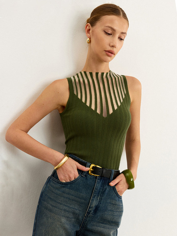 Sleeveless Top with Striped Sheer Detail