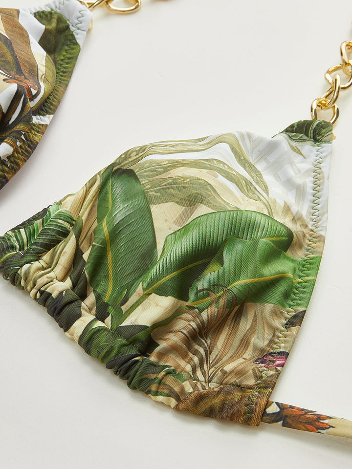 Print Chain Straps Triangle Bikini Top