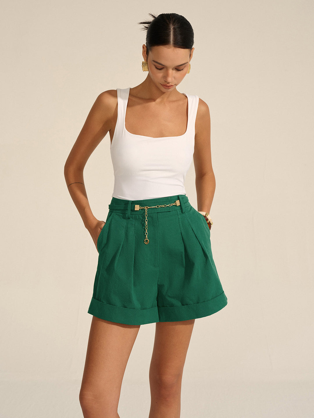 Pleated Cuffed Shorts with Gold Chain Detail