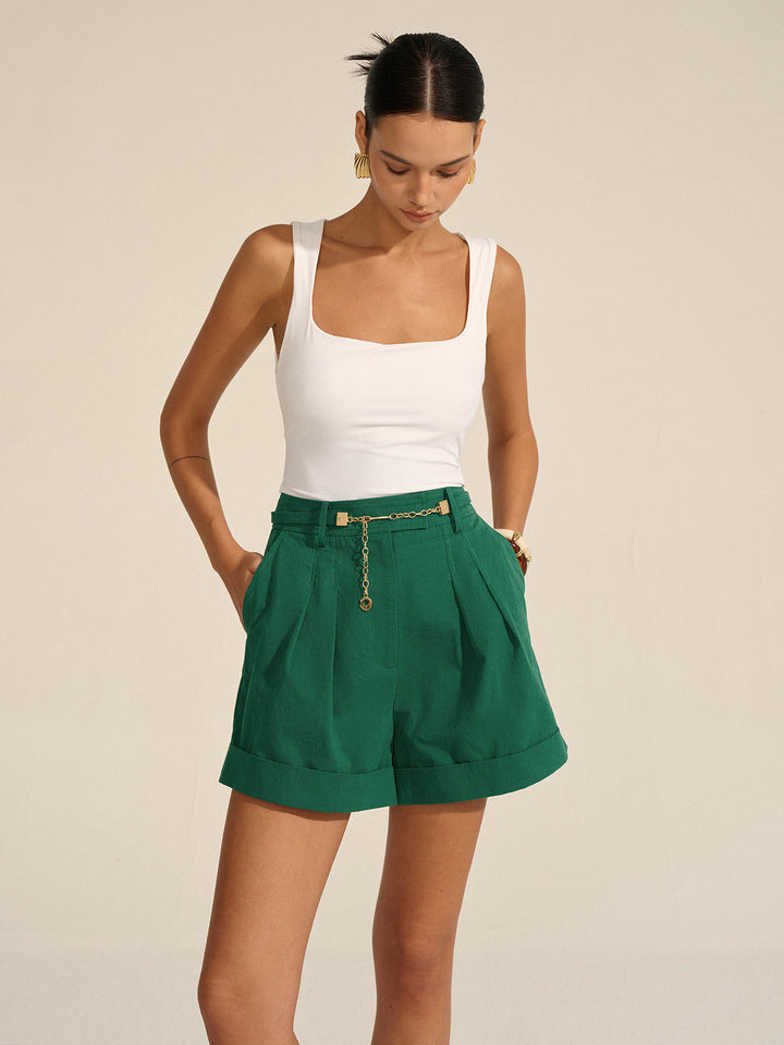Pleated Cuffed Shorts with Gold Chain Detail