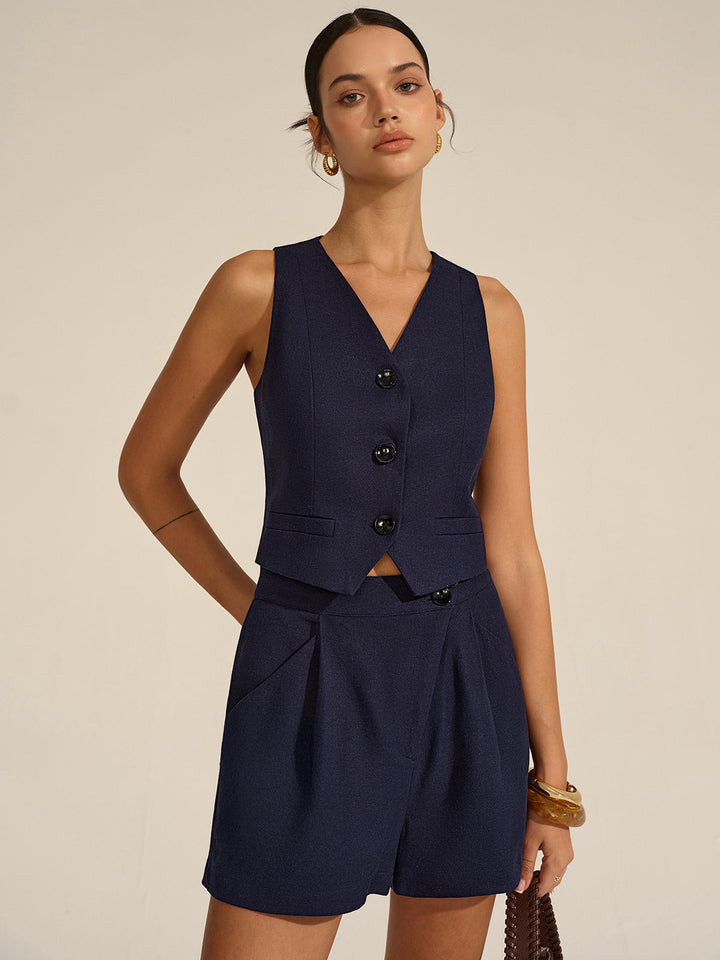Sleeveless V-Neck Blazer and Shorts Set