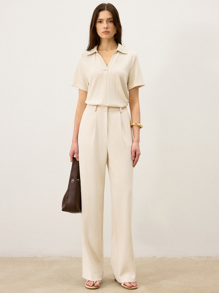 Ribbed Polo-Neck Knit Top