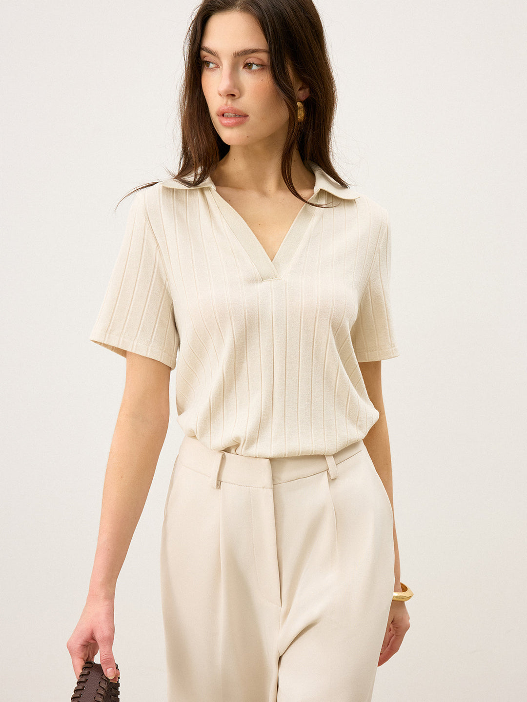 Ribbed Polo-Neck Knit Top