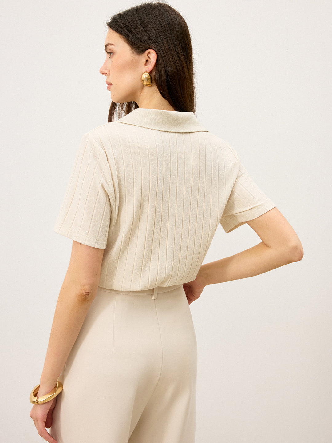 Ribbed Polo-Neck Knit Top