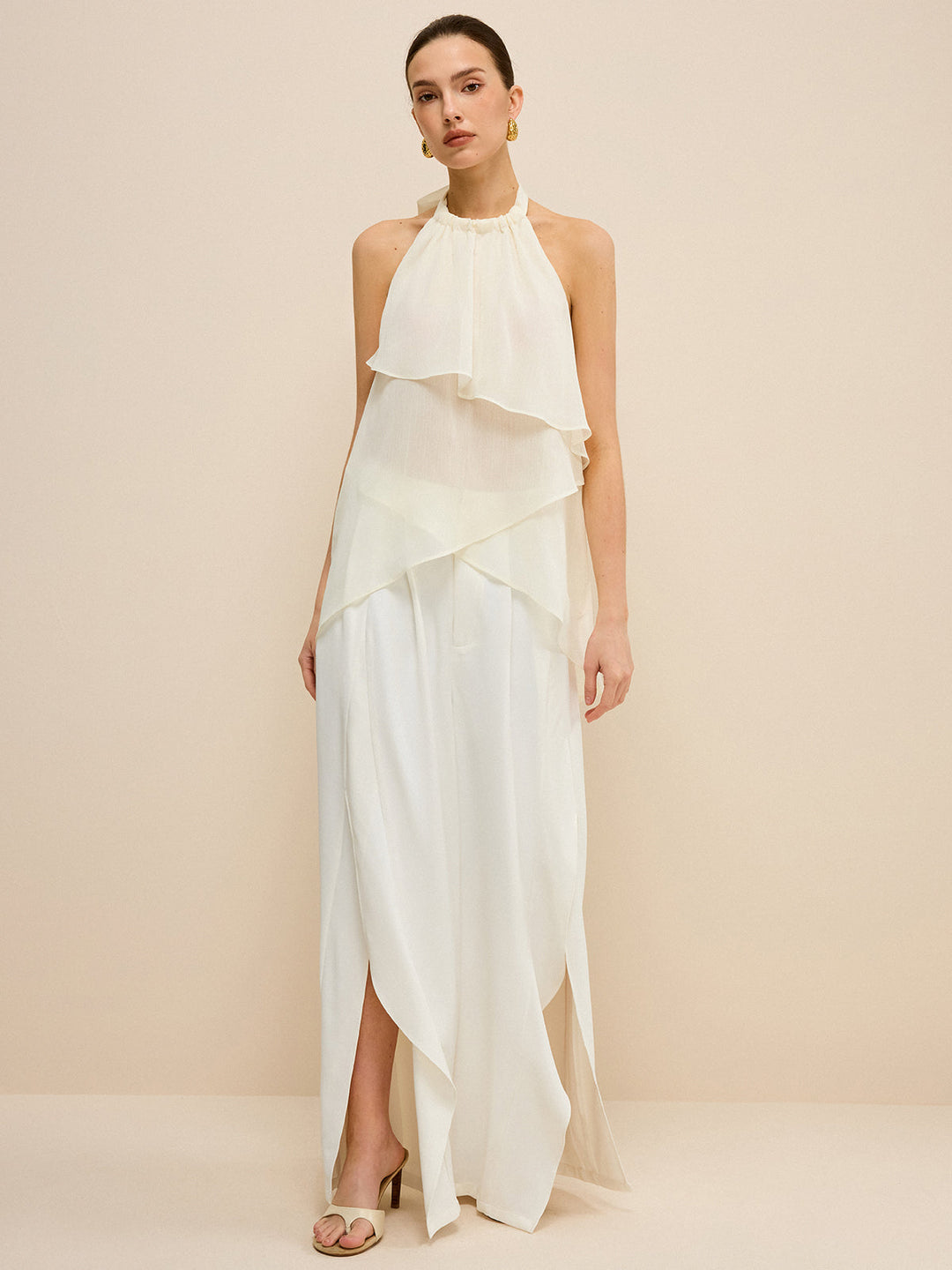 Semi-Sheer Layered Asymmetric Halter Chiffon Top