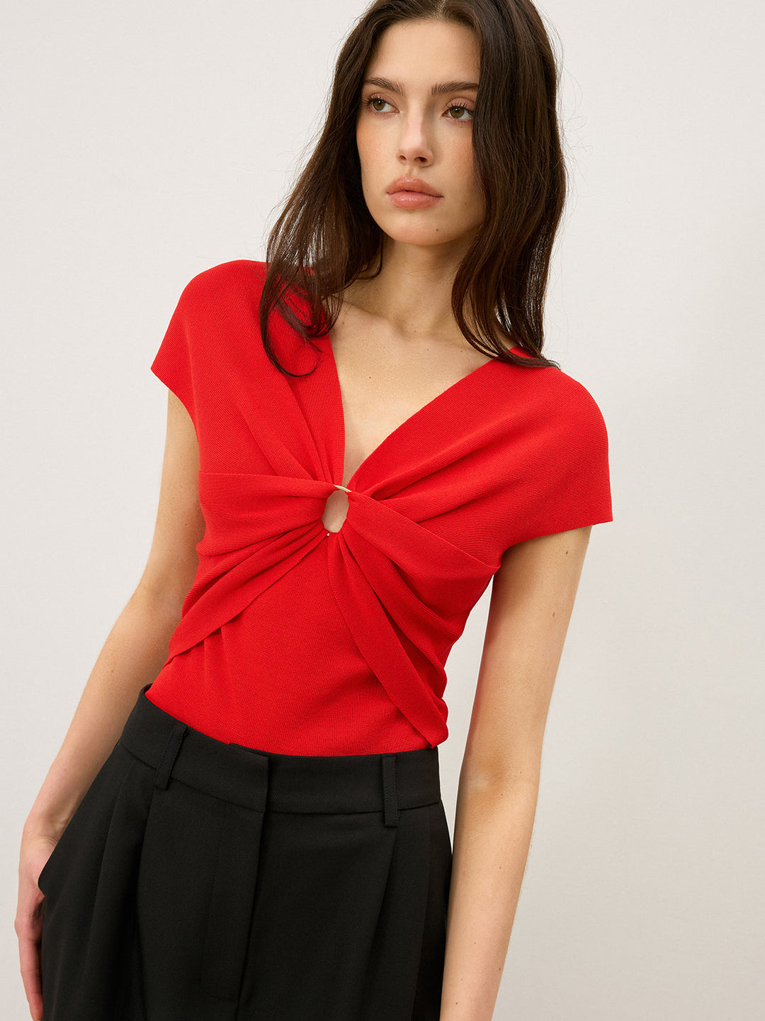 Twist Front Cut-Out V-Neck Knit Top