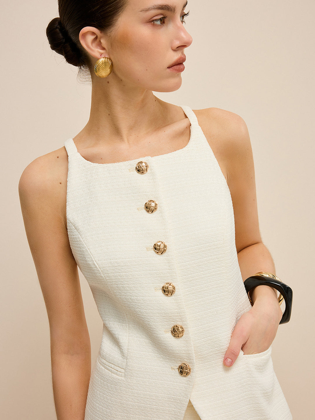 Pocketed Tweed Metal Button Shorts Set