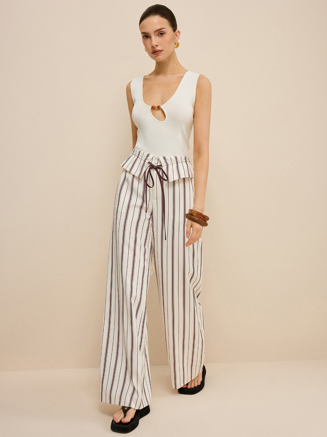 Striped Wide-Leg Pants with Peplum Waist
