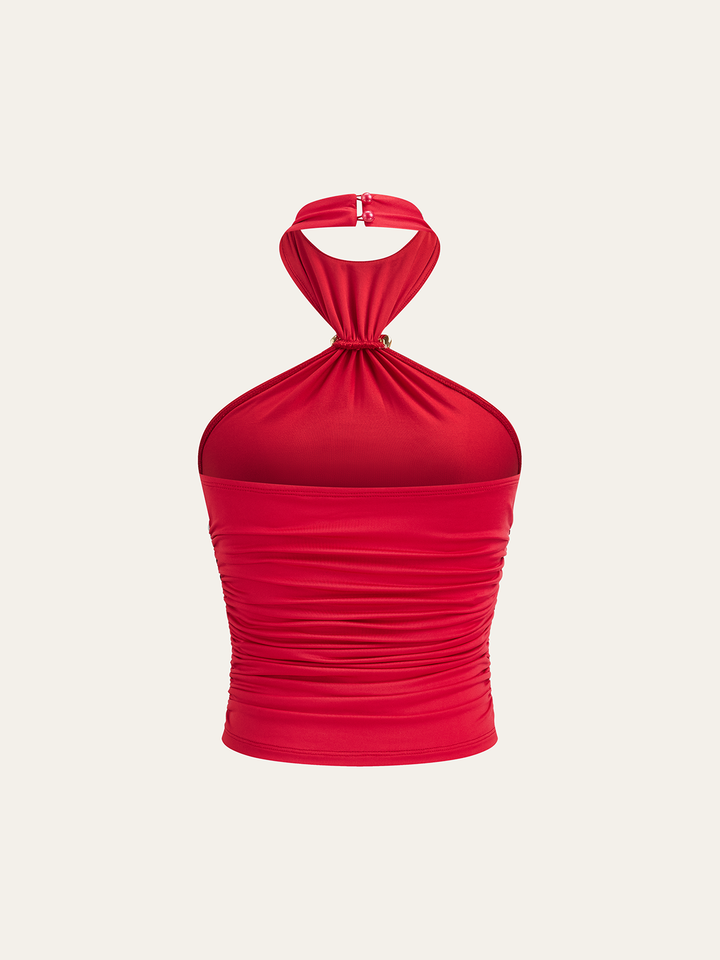 Semi-Sheer Halter Neck Ruched Top with Metal Floral Decor