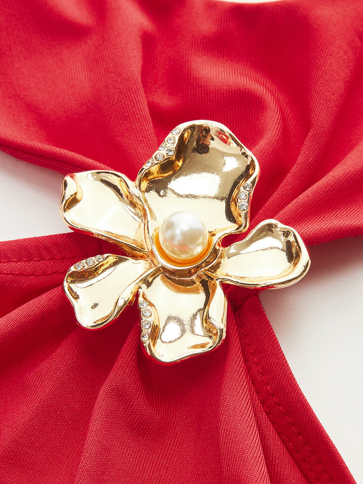 Semi-Sheer Halter Neck Ruched Top with Metal Floral Decor