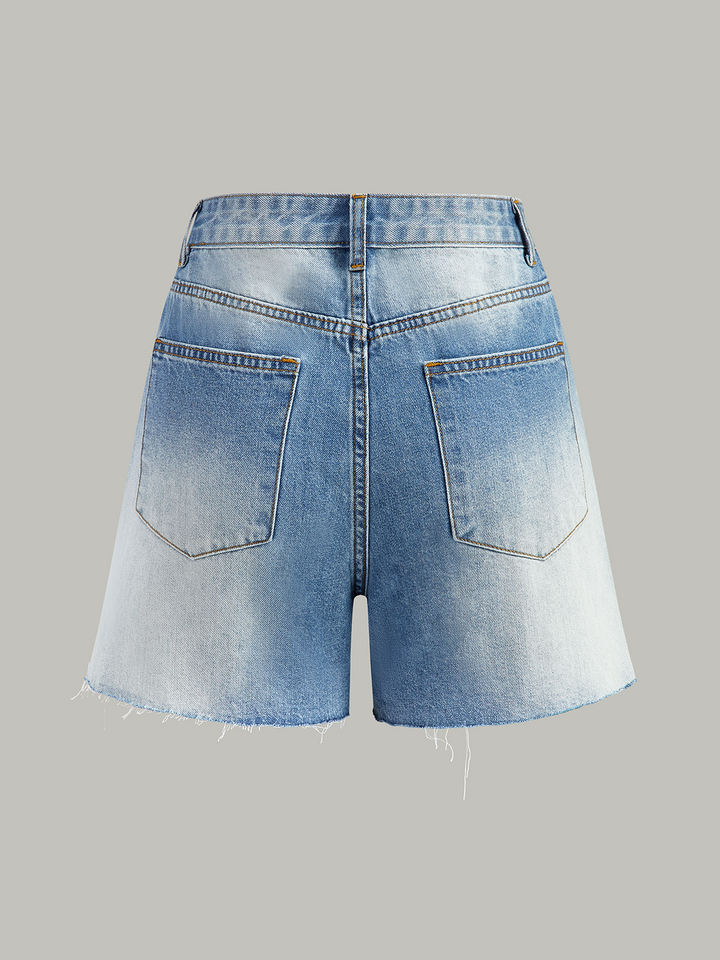 Asymmetric-Waist Distressed Denim Shorts