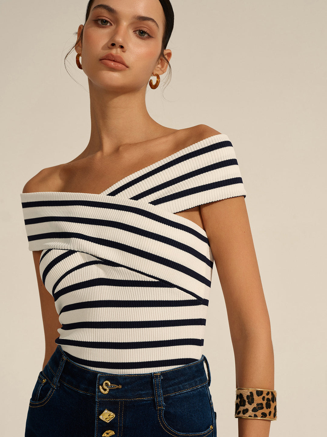 Striped Off-Shoulder Cross Knit Top