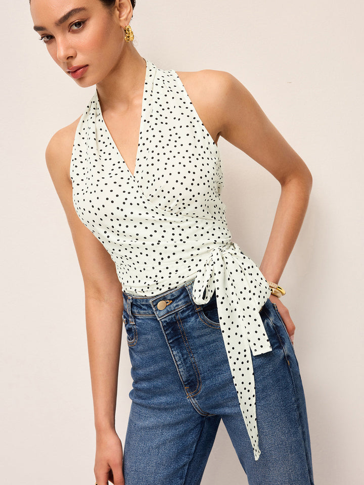 Semi-Sheer Polka Dot Wrap Halter Top