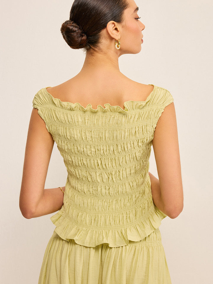 Reversible Pleated Linen Top with Ruffled Neckline