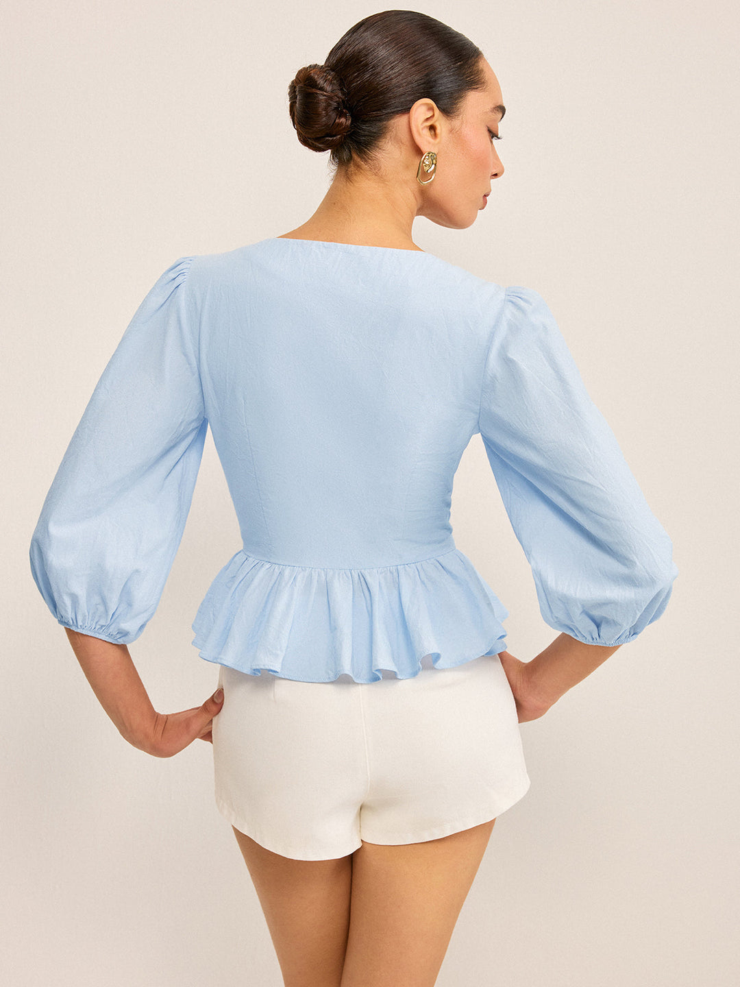 Scalloped V-Neck Peplum Top with Puff Sleeves