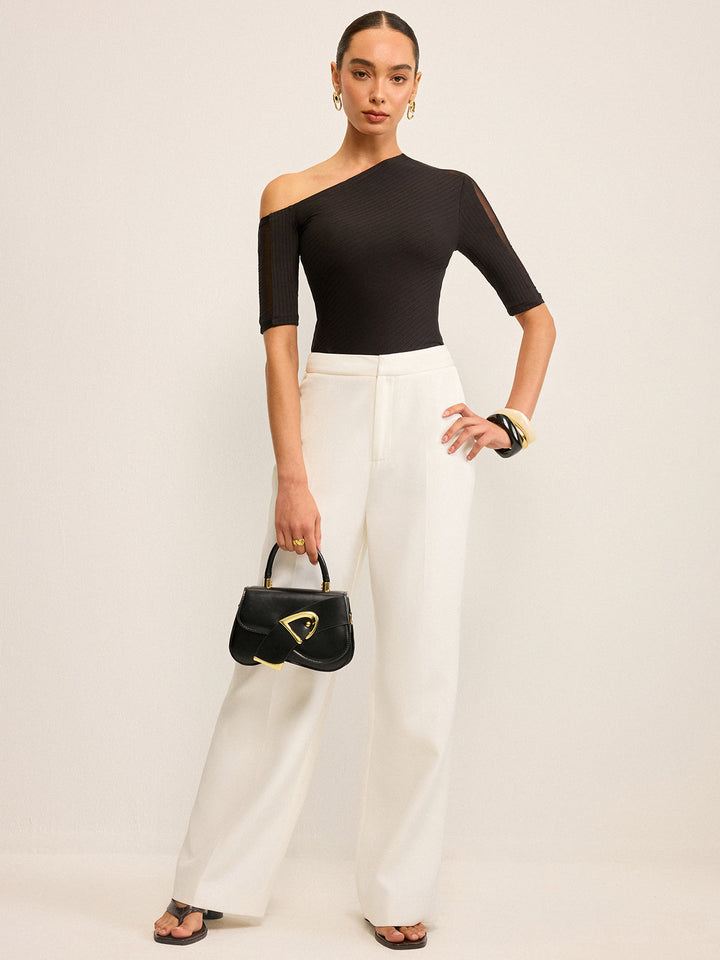 Semi-Sheer One-Shoulder Top with Mesh Sleeve