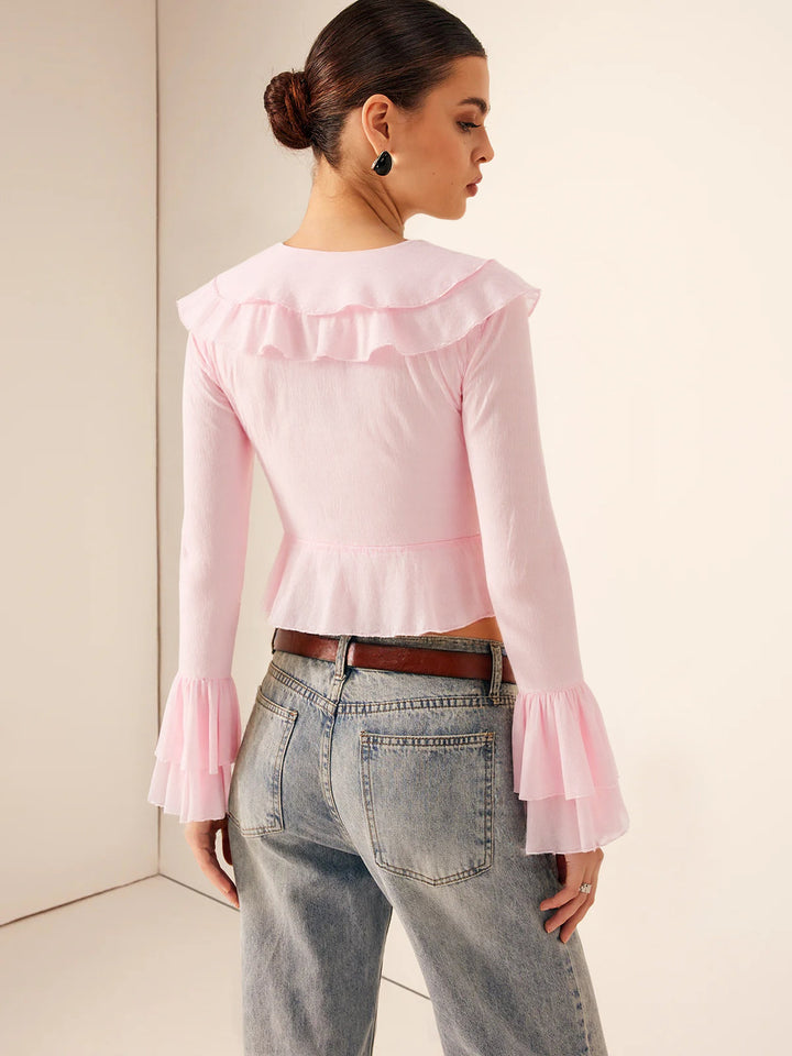 Semi-Sheer Ruffled V-Neck Bell-Sleeve Top
