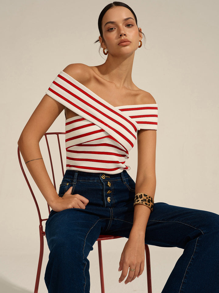 Striped Off-Shoulder Cross Knit Top