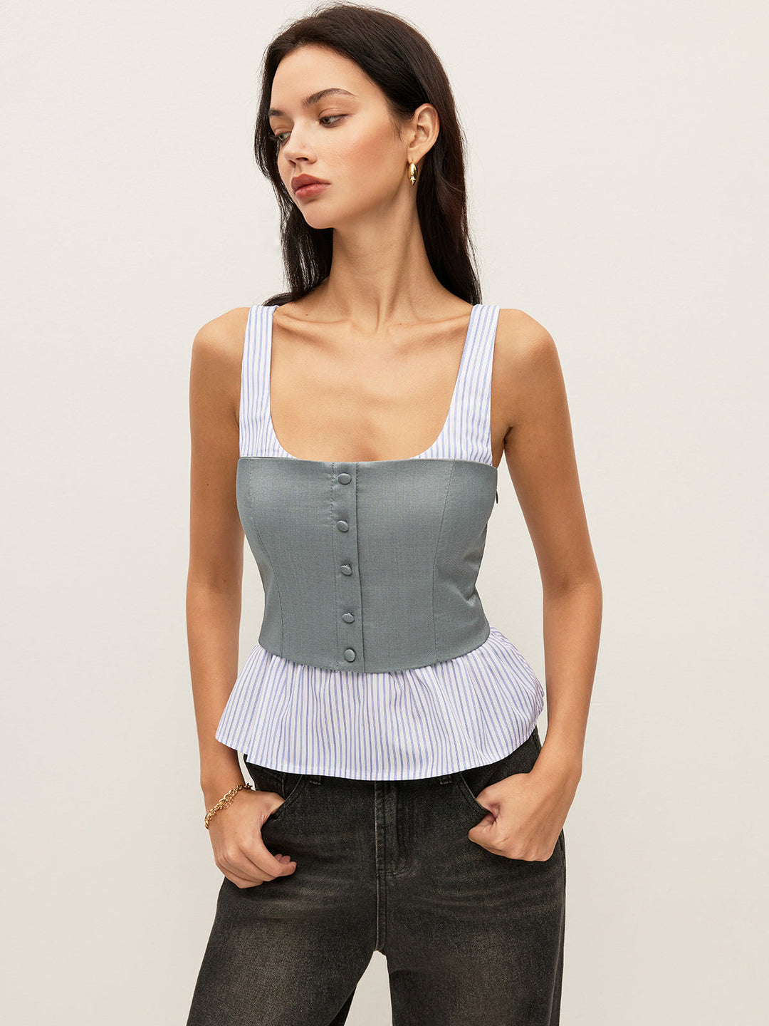 Striped & Solid Peplum Buttoned Top