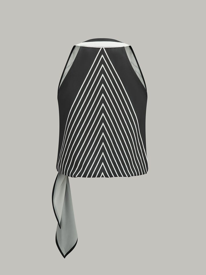 Semi-Sheer Striped Wrap-Front Knotted Top