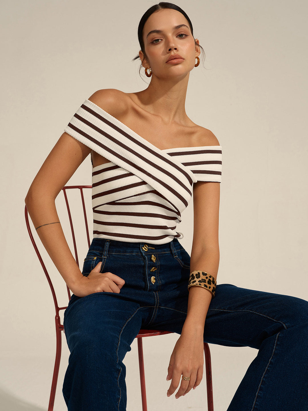 Striped Off-Shoulder Cross Knit Top