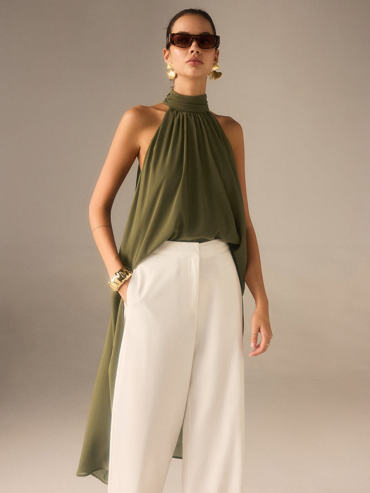 Semi-Sheer Halter-Neck Chiffon Long Top