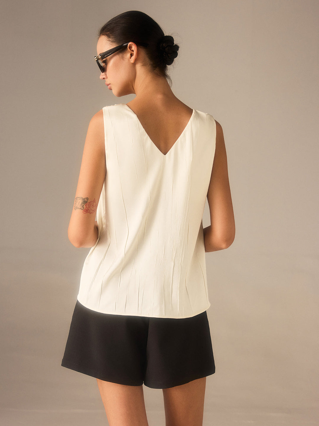 Satin Twist-Strap V-Neck Top with Metal Detail