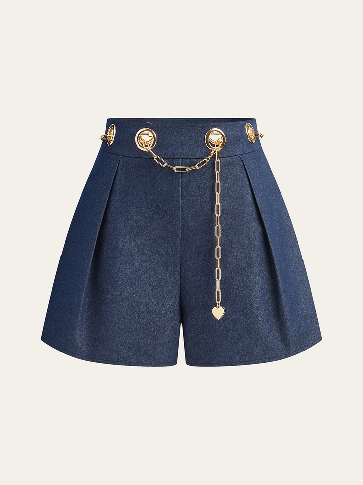 Faux Denim Shorts with Metal Chain Belt