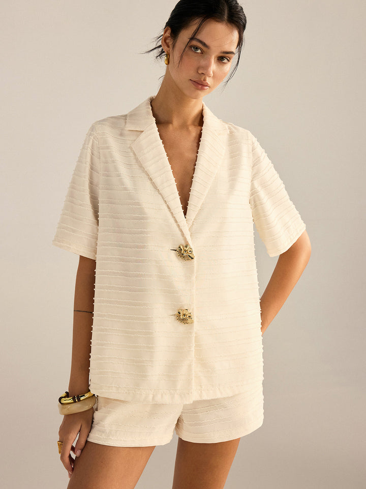 Textured Short-Sleeve Blazer and Shorts Set