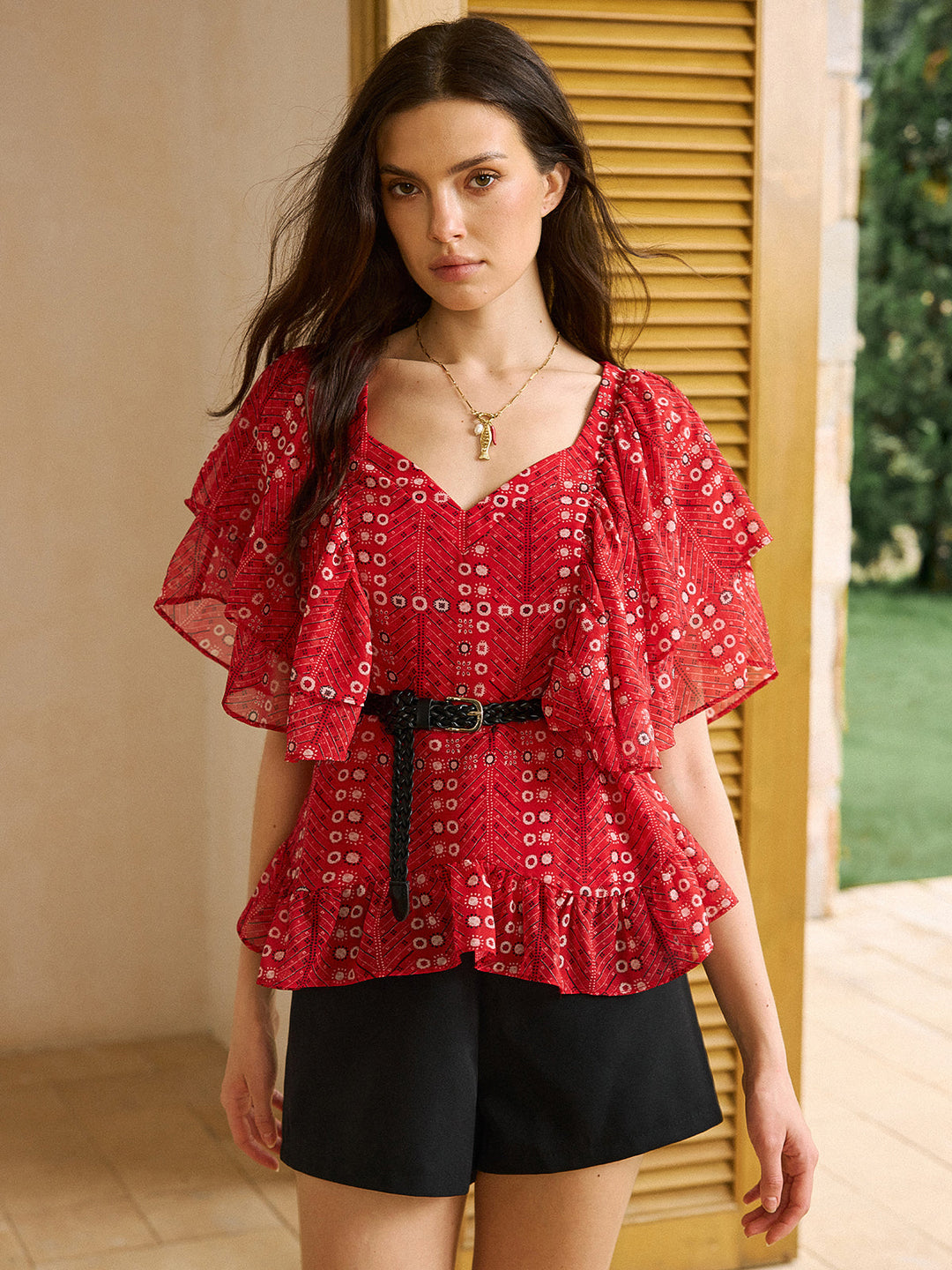 Printed Ruffled Peplum Top with Belt