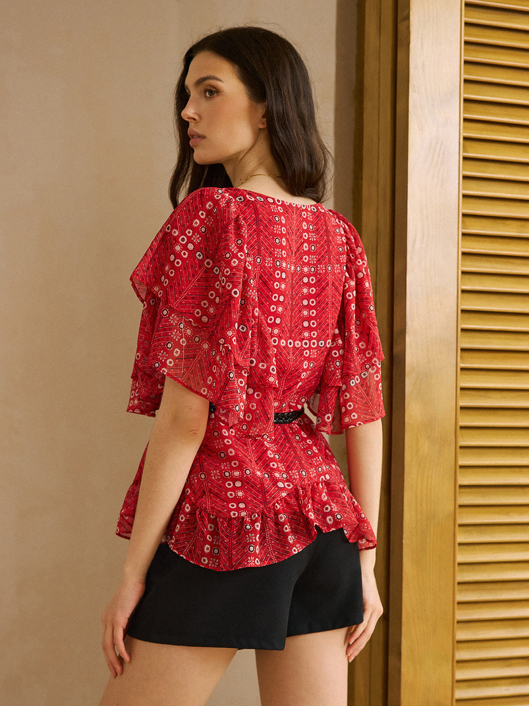 Printed Ruffled Peplum Top with Belt
