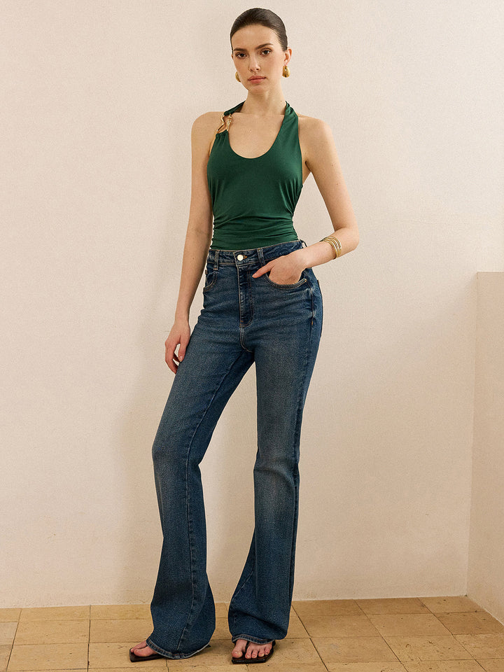 Metal Detailed Halter Neck Backless Top