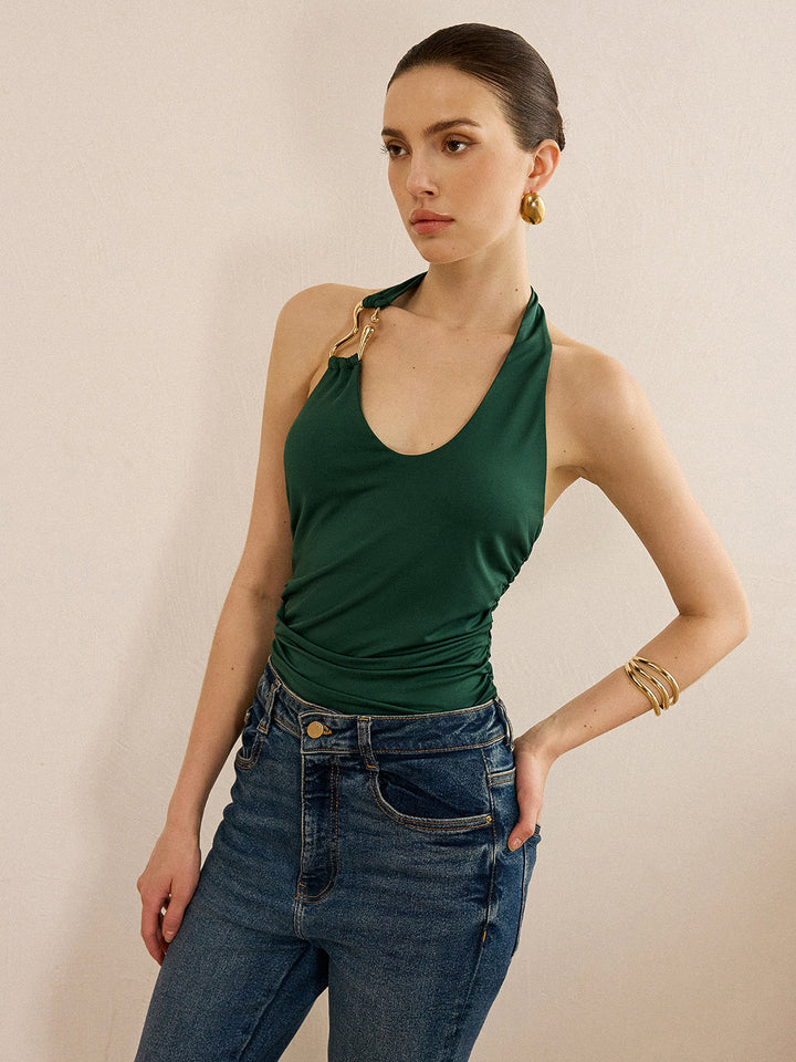 Metal Detailed Halter Neck Backless Top