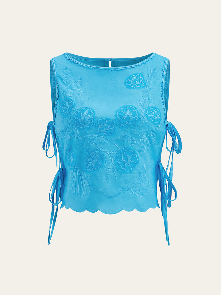 Tie-detail Floral Embroidery Top