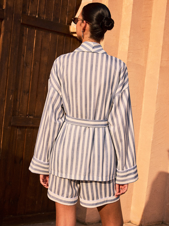 Striped Belted Shirt and Shorts Set